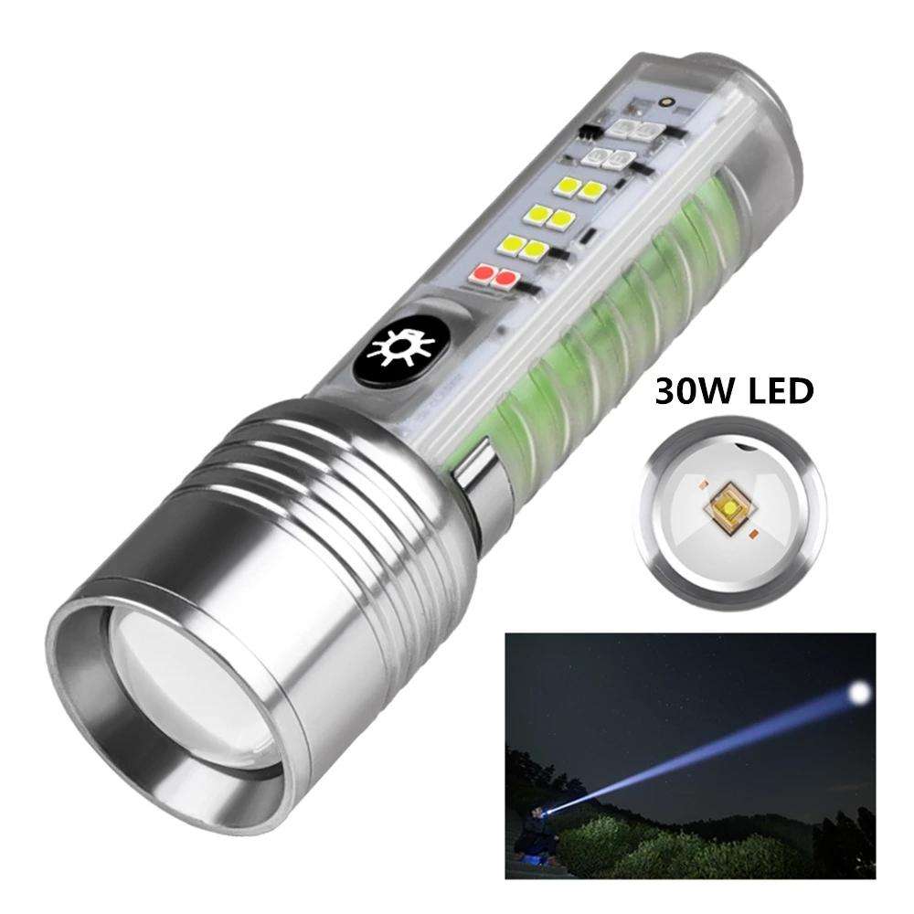 Helius Long Range 30W LED White Zoom Transparent Fluorescent Flashlight With Clip Magnet Light Tactical Bright Outdoor Torch
