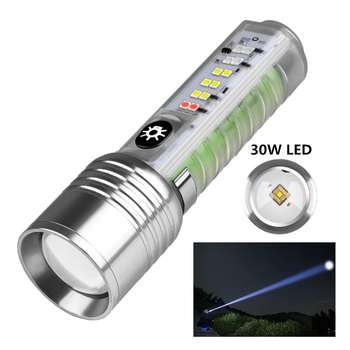 Helius Long Range 30W LED White Zoom Transparent Fluorescent Flashlight With Clip Magnet Light Tactical Bright Outdoor Torch